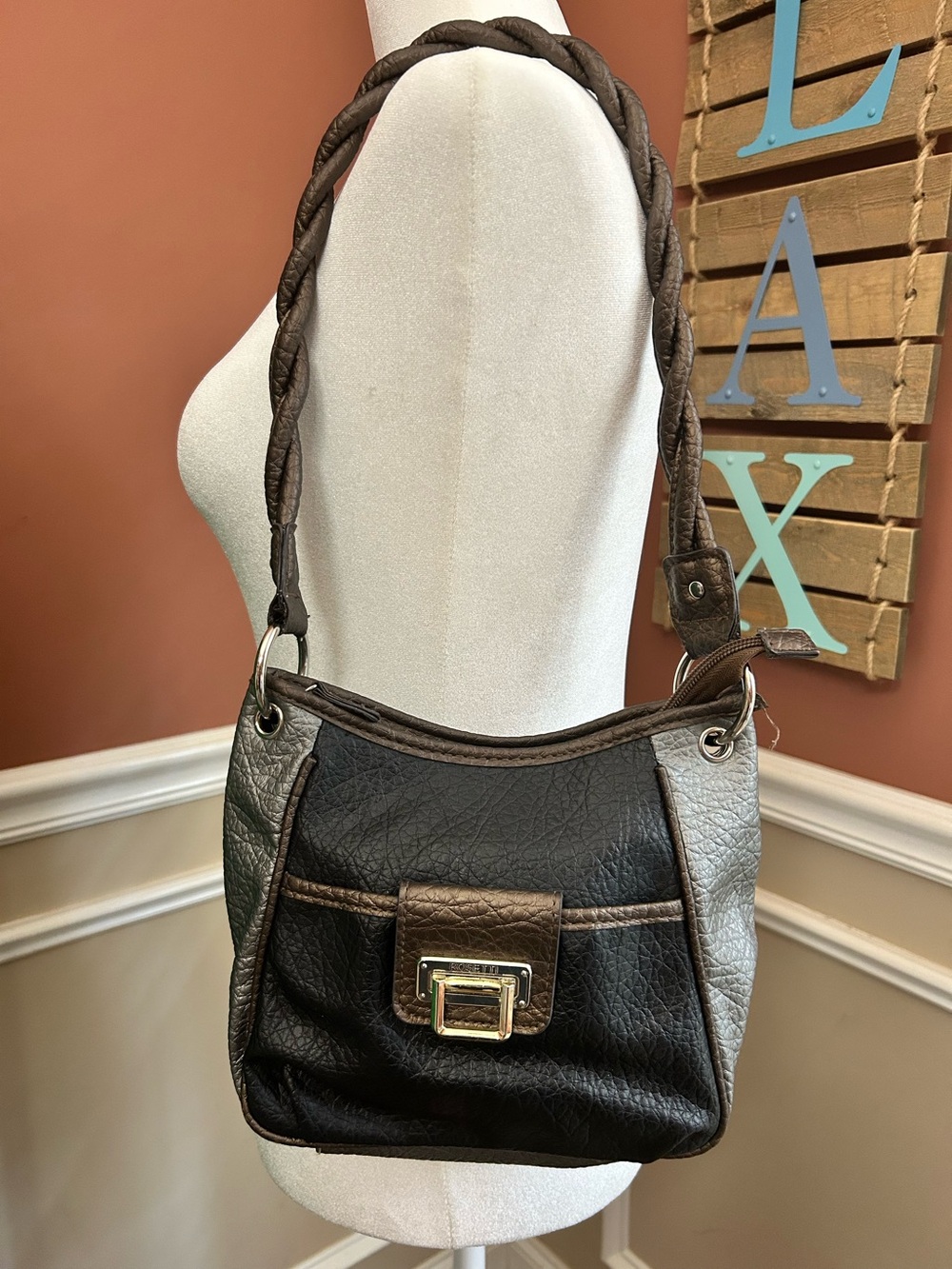 Two-Tone Brown Braided-Handle Shoulder Bag with Front Buckle